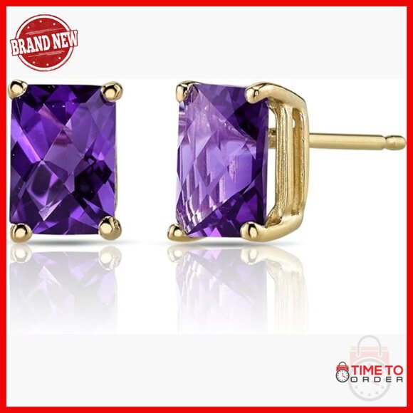 14K Yellow Gold Amethyst Stud Earrings 1.75ct Hypoallergenic Friction Back